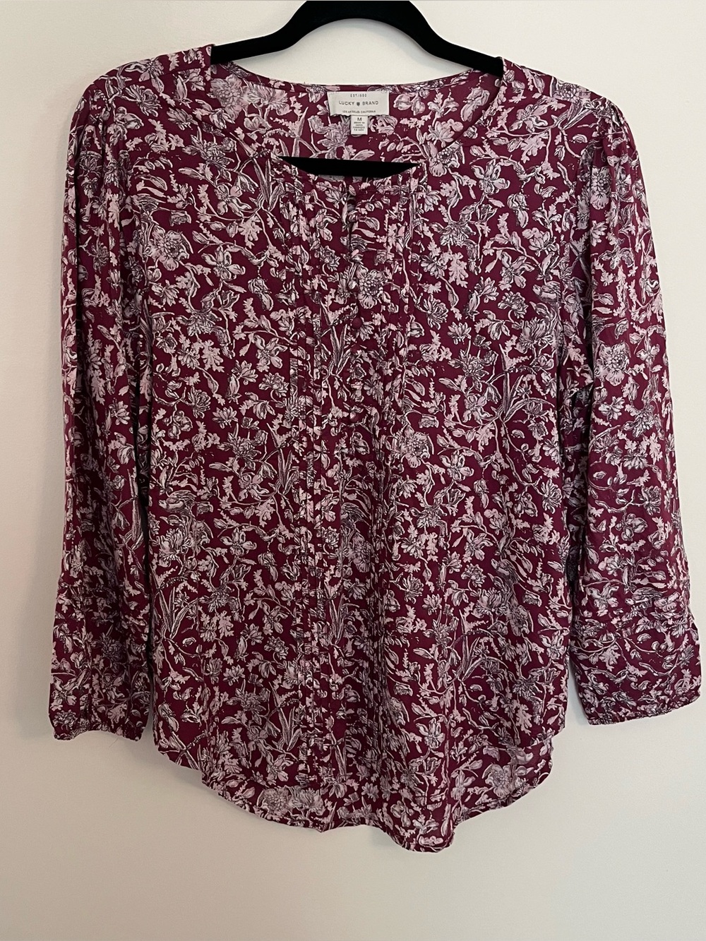 Lucky Brand pink floral pleated front 3/4 sleeve top M